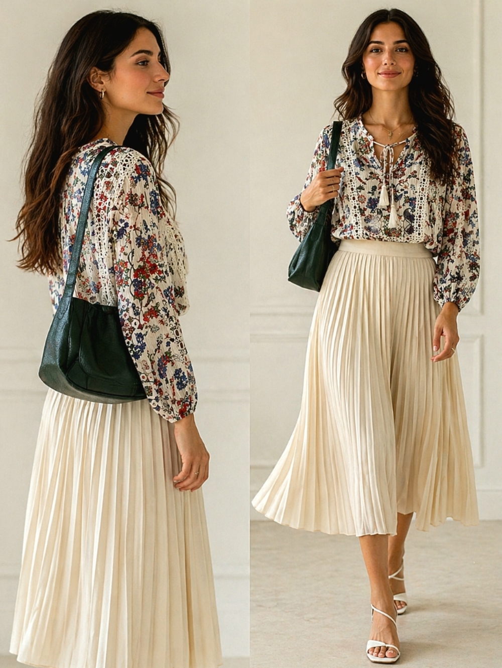 NEWOT🐞LAVA Boho White Floral Puff Sleeve Blouse with Lace & Tassels Tie Sz: L
